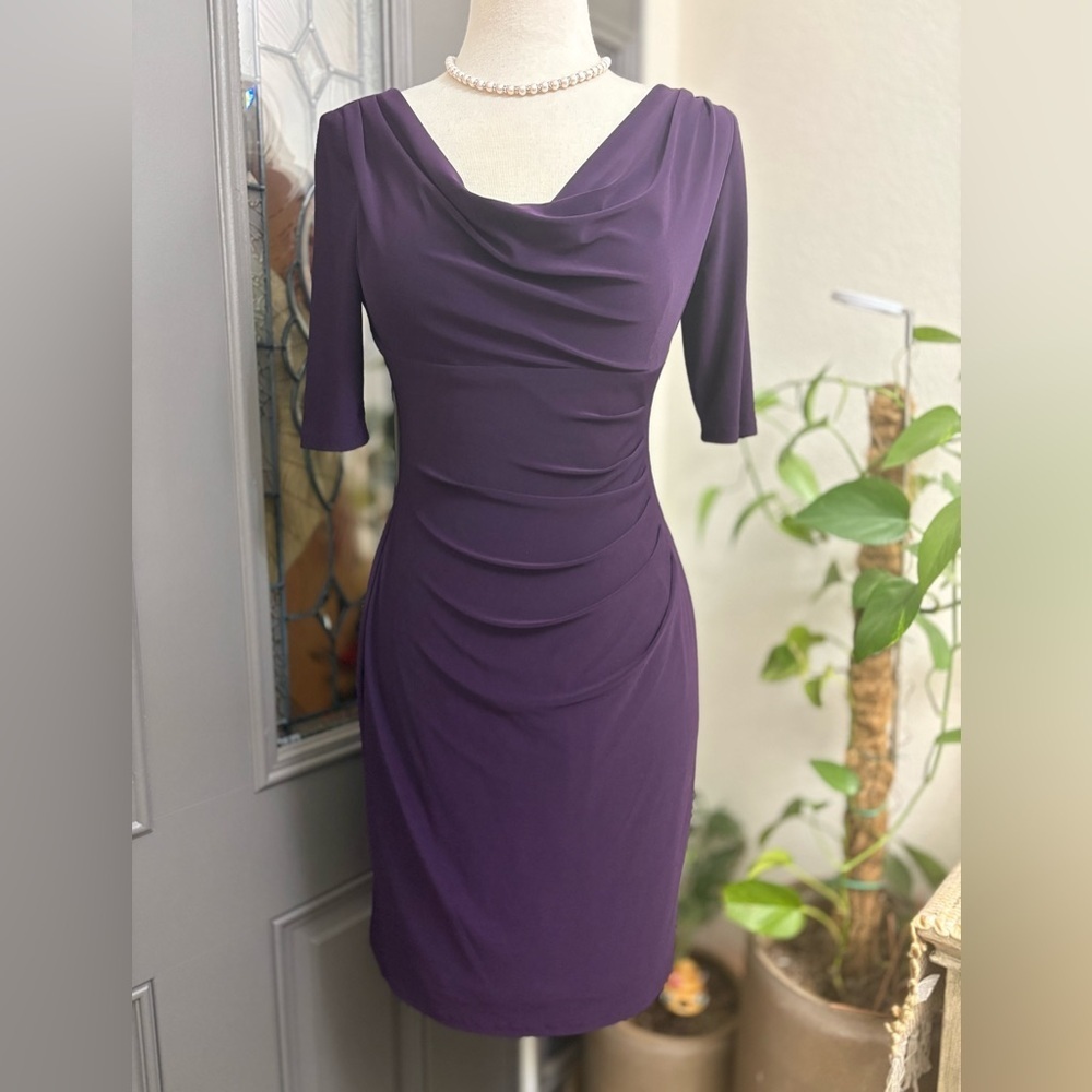 LAUREN Ralph Lauren Deep Purple Cowl Neckline Jersey Sheath Dress | Size 6 - Picture 2 of 11
